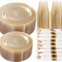 DaYammi 350 Pieces Gold Glitter Dinnerware Set 50 Guest for Party Christmas Plates Disposable - 50 Dinner Plates, 50 Dessert Platos -50 Per Rolled Napkins with Gold Cutlery -50 Disposable Cups 9 OZ