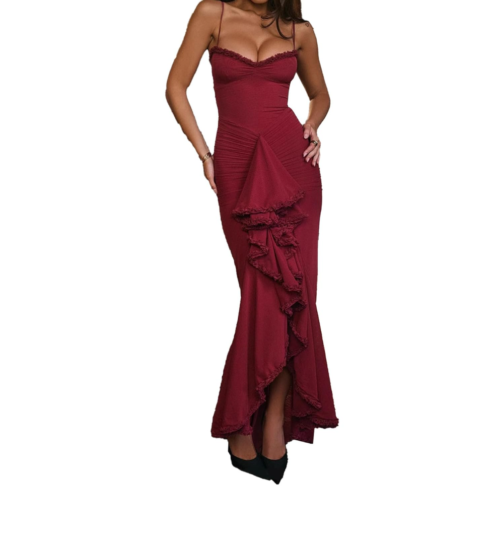 Women's Spaghetti Strap Maxi Dress High Split Ruffle Hem Bodycon Cocktail Dresses Evening Party Dress XL