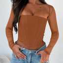 REORIA Women's Sexy Mesh Long Sleeve Boned Corset Top Trendy Y2K Square Neck Going Out Bustier Crop Tops (XXL)