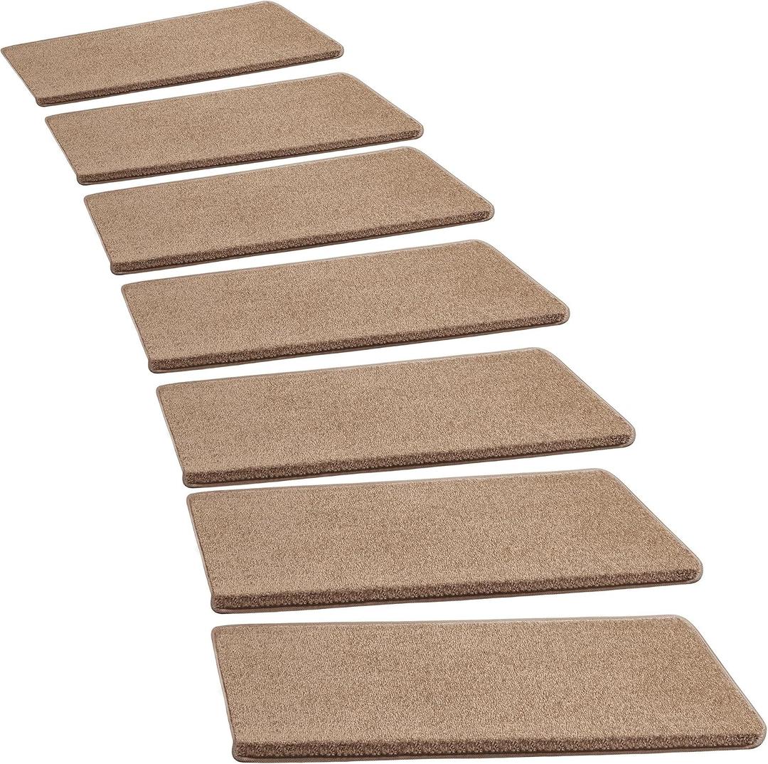 PURE ERA Bullnose Carpet Stair Treads Set Tape Free Non-Slip Indoor Stair Protectors Pet Friendly Rugs Covers Soft Skid Resistant Washable Reusable 9.5" x 30"(14 Pieces, Camel Brown)