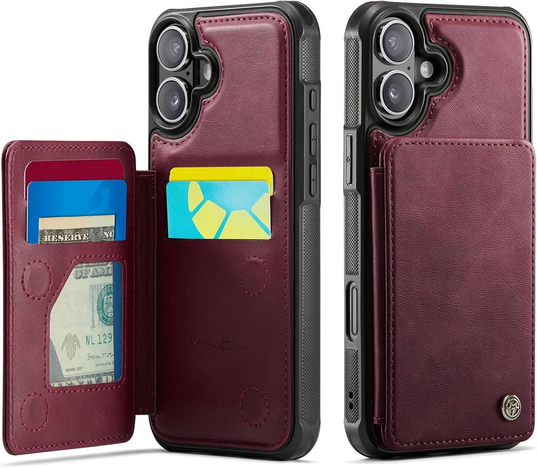 Vinich for iPhone 16 Wallet Case with Card Holder, RFID Blocking Credit Slots Kickstand Shockproof Phone Cover Fit for iPhone 16 6.1" Burgundy