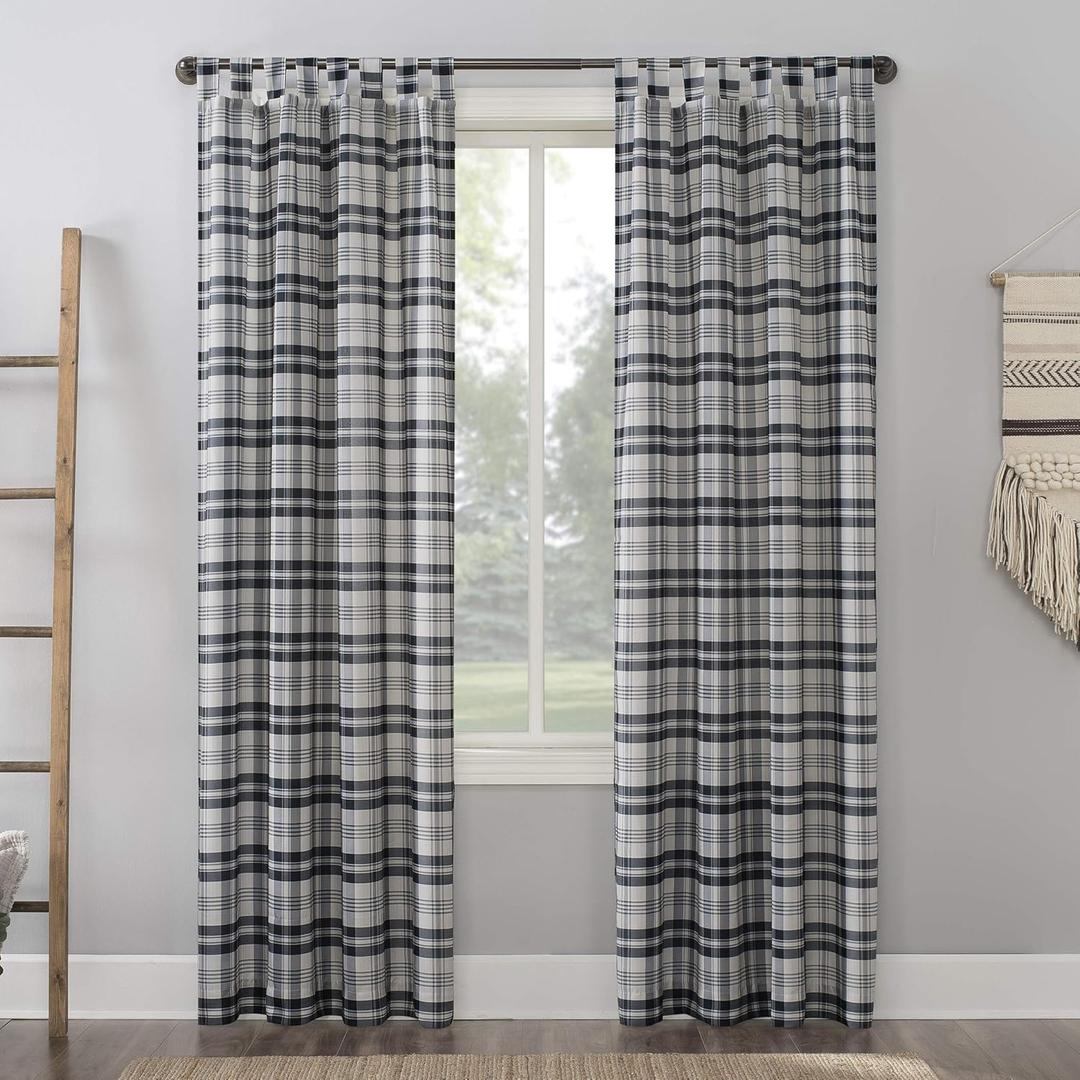 No. 918 Blair Farmhouse Plaid Semi-Sheer Tab Top Curtain Panel, 52" x 63", Charcoal/Ecru Off-White