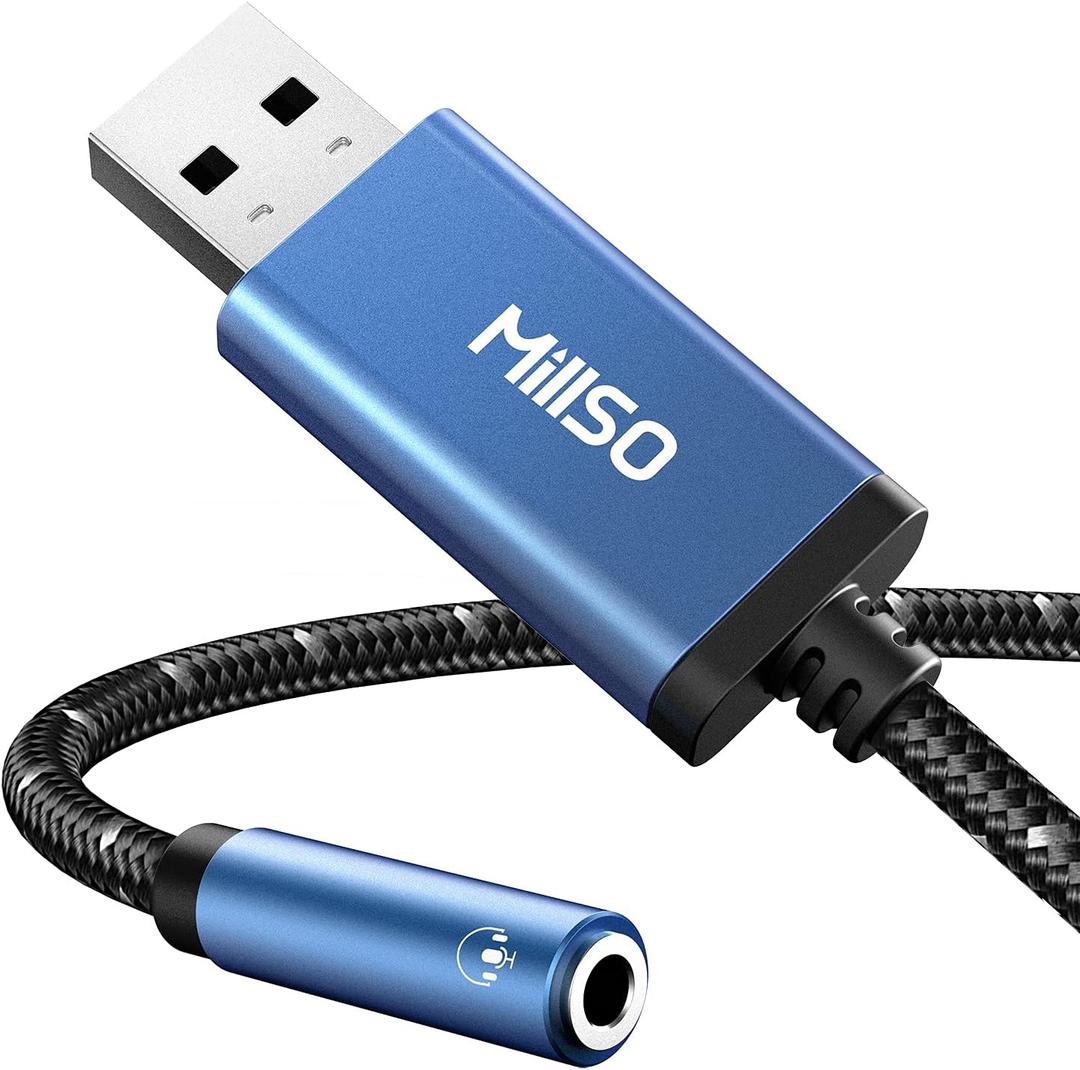 MillSO USB to 3.5mm Jack Audio Adapter - Durable Braided/Smart Chip TRRS 3.5mm Aux to USB External Stereo Sound Card for Headphones, Speakers, PS4, PC, Laptop (1 Feet - Braided)