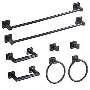 Matte Black Bathroom Hardware Set 8 Pieces, Towel Bar Set Stainless Steel Wall Mounted, Includes 23.6In Hand Towel Bar, Towel Ring, Robe Towel Hooks, Toilet Paper Holder, Bathroom Towel Rack Set