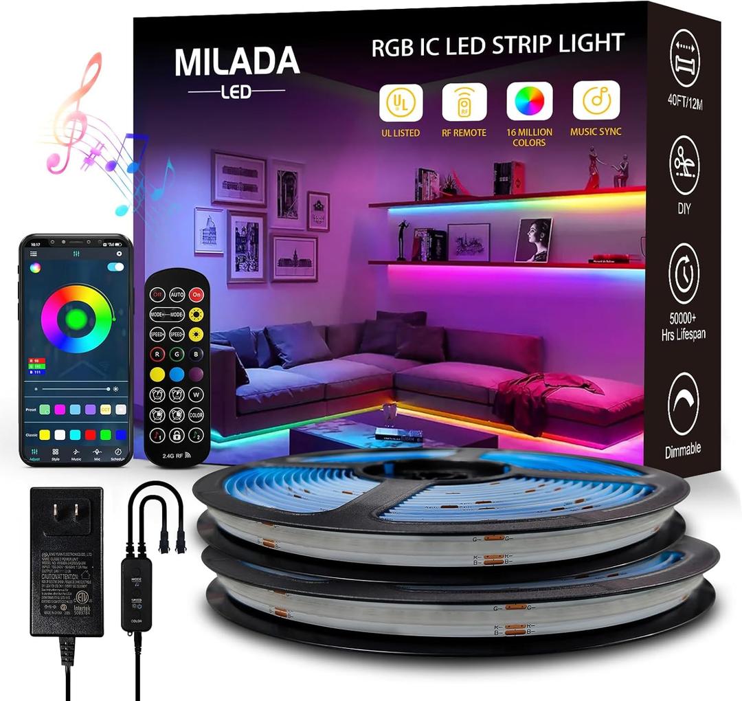 COB RGB Smart IC Strip Lights 40FT UL-Listed 24V Color Flowing Strip Light Multicolor Flexible Tape Lights with APP Control Music Sync for Bedroom Gaming Party Home Decor 220FT Rolls