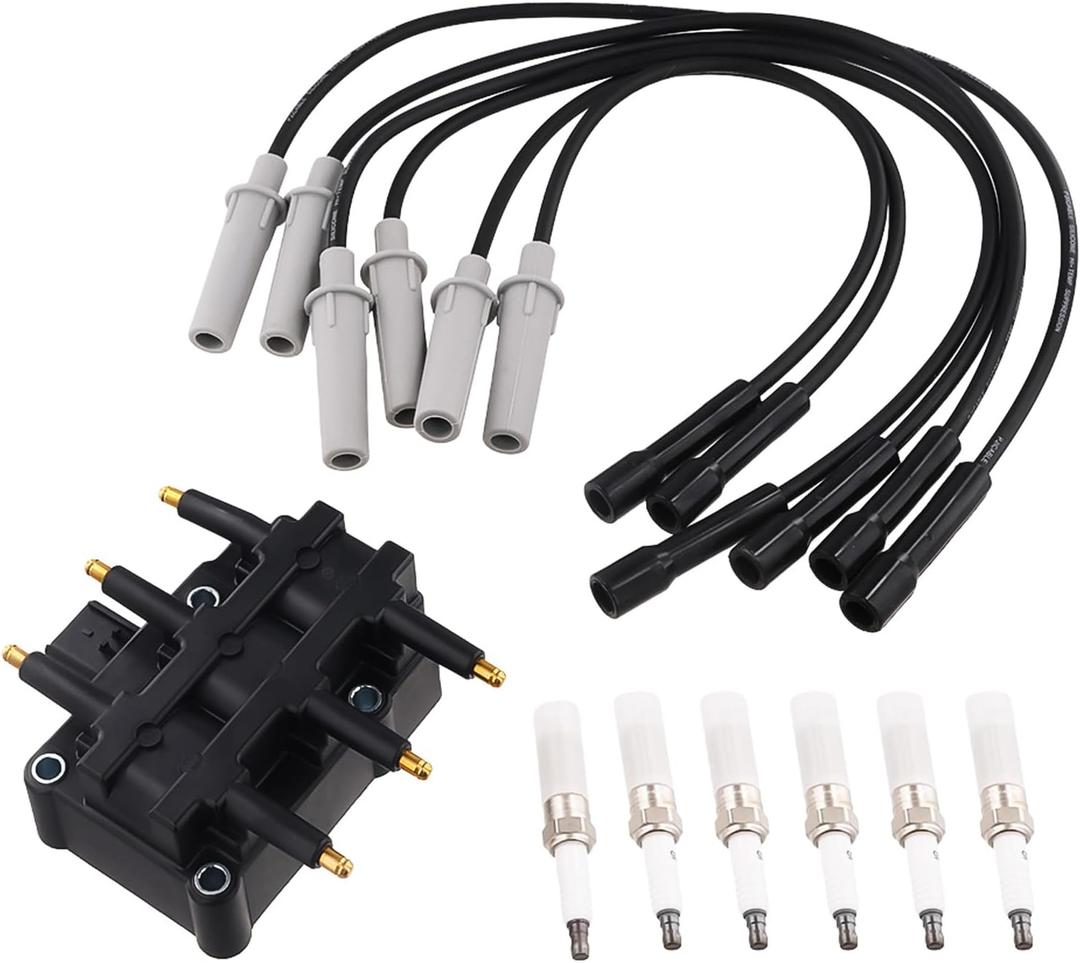 Ignition Coil Pack with Spark Plugs & Wires Set - Compatible with Chrysler Town & Country, Pacifica, Dodge Caravan, Grand Caravan, Jeep Wrangler, VW Routan 3.3L/3.8L V6 - Replaces UF305, 56032520AB