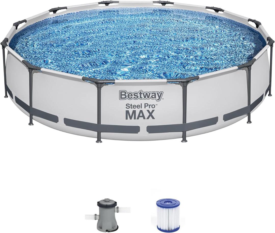 Bestway Steel Pro MAX 12 Foot x 30 Inch Round Metal Frame Above Ground Outdoor Backyard Swimming Pool Set with 330 GPH Filter Pump (Gray)