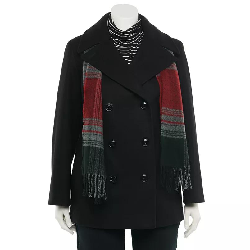LONDON FOG womens Double Breasted Peacoat With Scarf Pea Coat, Black S