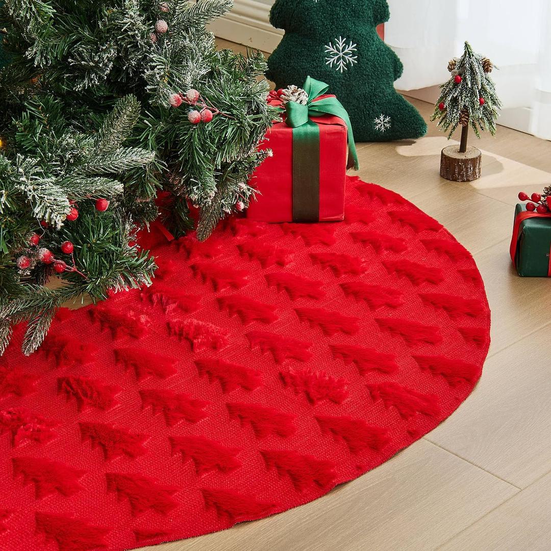 EKOREST Fluffy Plush Christmas Tree Skirt 48 Inches, Solid Red Trees Soft Faux Fur Pencil Tree Skirt, Winter Xmas Tree Mat for Home Party Holiday Decorations