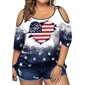 MYHALF Plus Size American Flag Shirt Women 4th of July Shirts Patriotic Cold Shoulder T-Shirt Summer Short Sleeve Tops 3XL