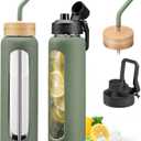 32oz Glass Water Bottle with Straw and 2 Lids- Bamboo and Spout Lid,Motivational Sports Water Bottle with Silicone Sleeve and Time Marker,Reusable for Gym, Outdoors, Olive