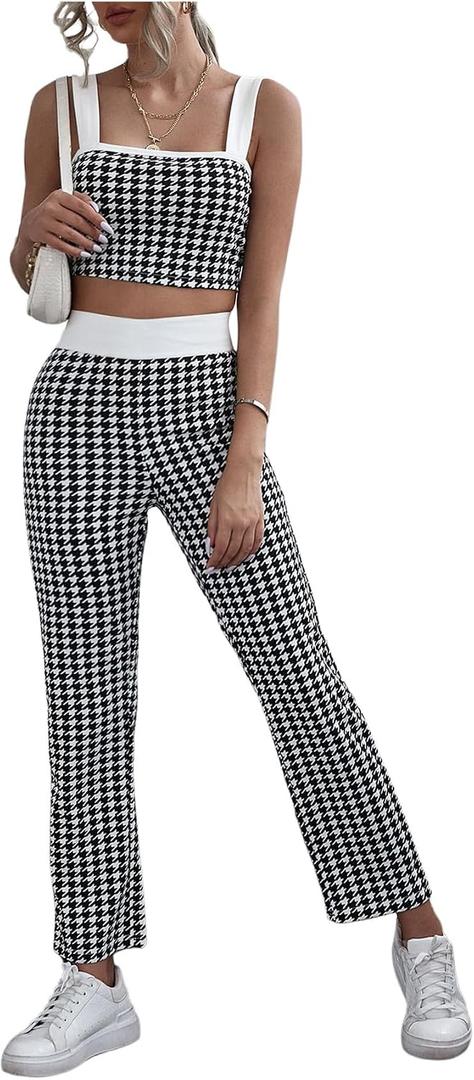 Milumia Women's 2 Piece Outfit Houndstooth Wide Strap Tank Top and Long Pants Set L