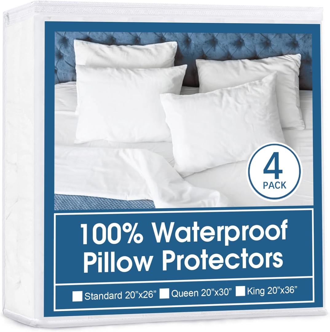 4 Pack Pillow Protectors with Zipper King Size, Waterproof, White | 4-Pack: 100% Waterproof, Noiseless Fabric, Breathable & Soft, Secure Zipper, Machine Washable, Fits Standard 20"x26" Pillows