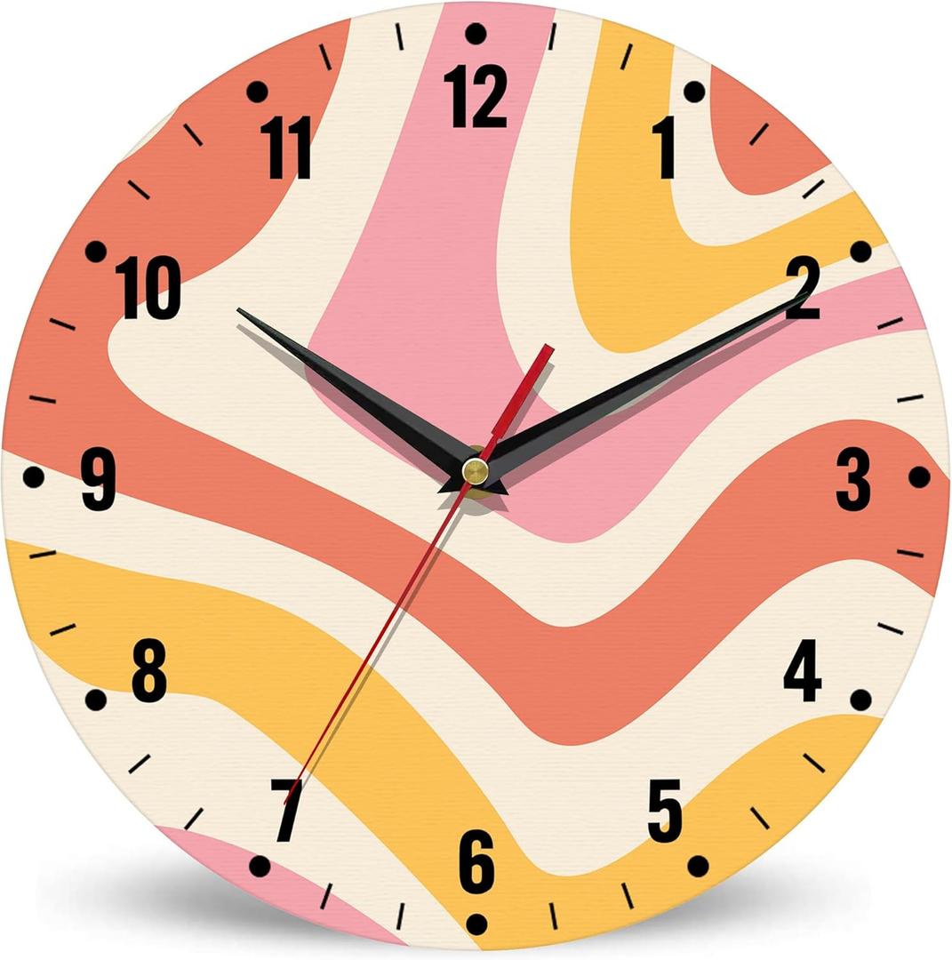 SPUNKER Clock for Bedroom, Colorful Waves Wall Clock Battery Operated 10 Inch, Retro 70s Round Clock Silent Non-Ticking Wall Decor for Farmhouse Office Home School Living Room Bedroom