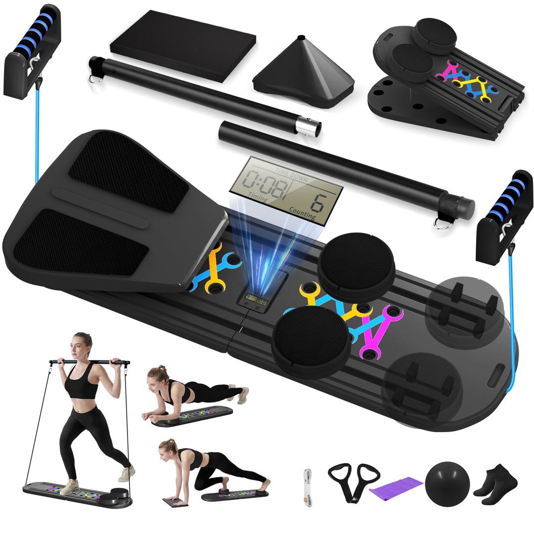 Pilates Board, Foldable Pilates Reformer Set for Home Workout with Timer, Multifunctional Portable Reformer Pilates Machine at Home Pilates Equipment for Fitness, Exercise, Abs, Core Training (Black)