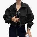 Tankaneo Womens Cropped Jacket Zip Up Lightweight Oversized Utility Anorak Coat with Pockets S