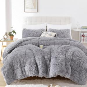 Smoofy Fluffy Queen Comforter Set, Faux Fur Comforter Set Queen Size, Luxury Fuzzy Bedding Set, Soft Shaggy Bed Set for All Season, 3 Pieces - 1 Comforter & 2 Pillowcases, Grey
