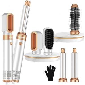 5 in ONE Blow Dryer Brush, Curling Wand Hair Styling Tools Set, Ionic Hot Air Hair Dryer, Massage Oval Hair Dryer, Left&Right Hair Curlers 100-120V (White)