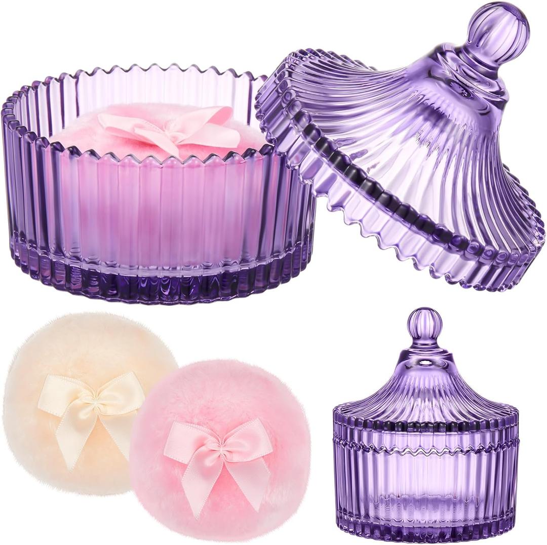Tioncy 3 Pcs Large Body Powder Puff and Container Valentine's Day gift Powder Container with Puff Crystal Case Soft Washable Reusable Velour Face Body Glitter Wet Dry Makeup(Classic,Purple)