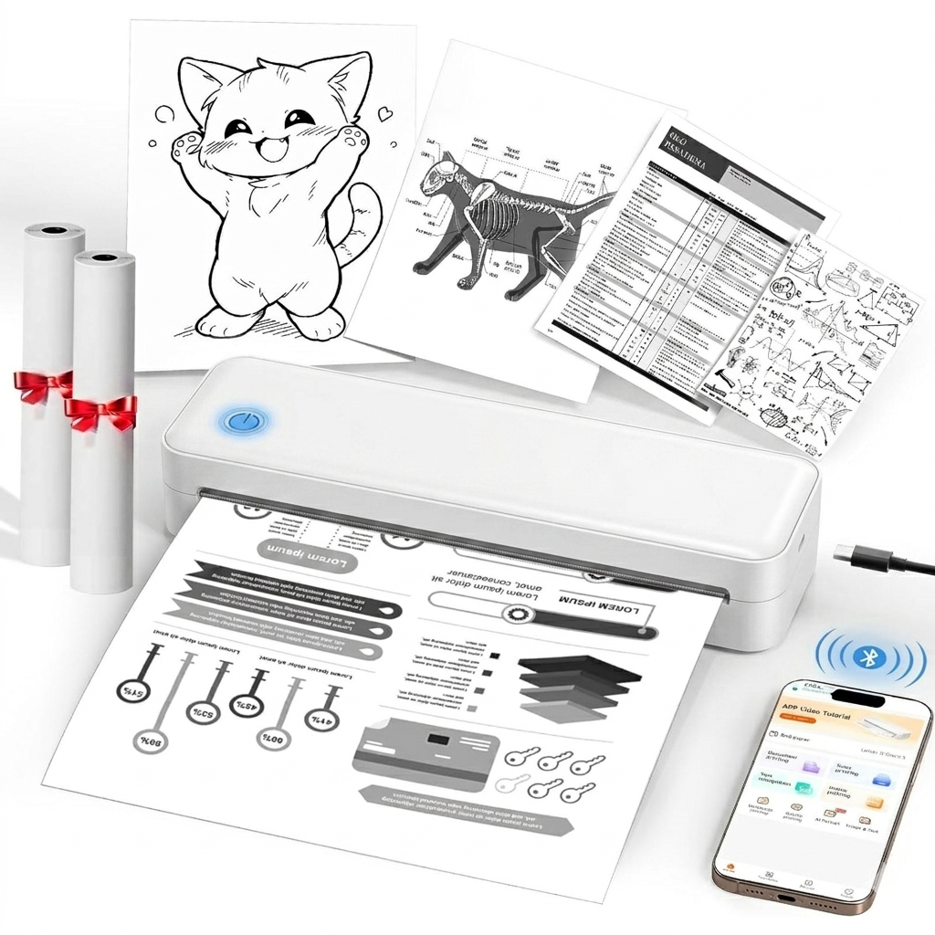 PEDOOLO Portable Printer Wireless for Travel, Inkless Thermal Printer Supports 8.5 x 11 Inch Thermal Paper, Bluetooth Compatible with iOS, Android, Laptop Includes 2 Rolls & 10 Sheets of Paper Kit (White)