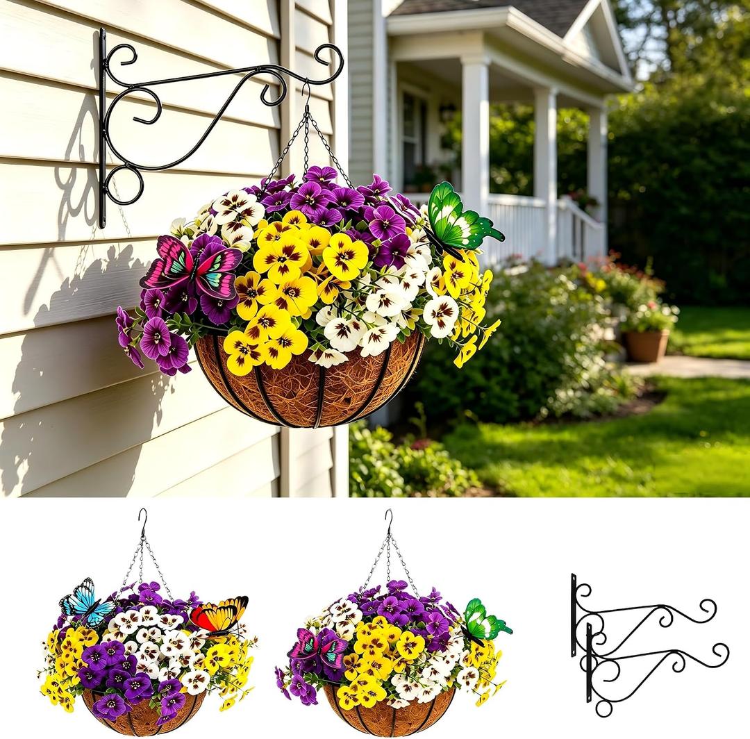 2 Sets Artificial Hanging Baskets with Pansy Flowers, 24 Pcs Faux Silk Pansy, Outdoor Hanging Flower for Porch Patio Garden Home, Wall Hook for 2 Plant Hanger Bracket (2, Yellow, Creamy, Lavender)