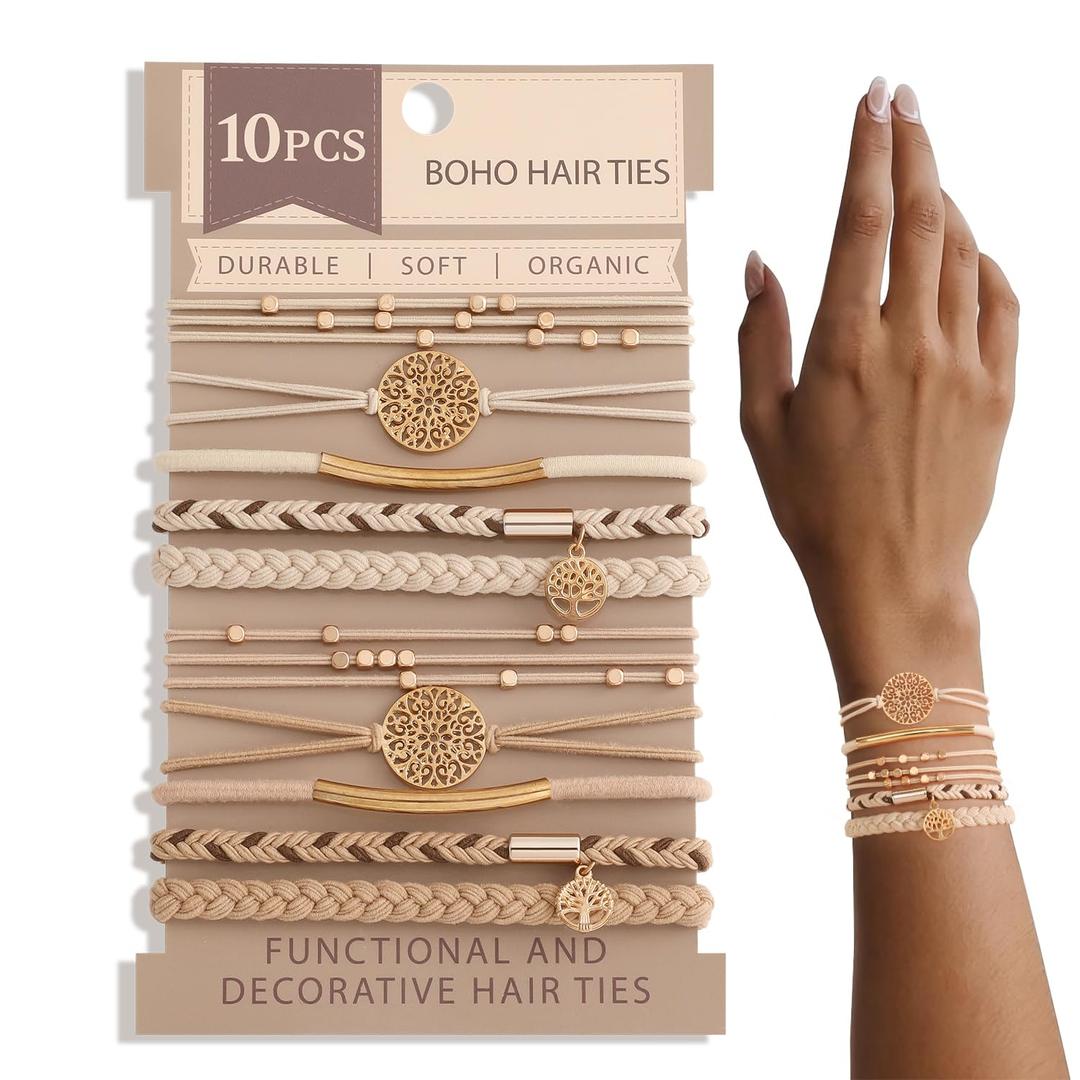 10 Boho Bracelets, Braided & Stretch Hair Ties for Thick/Thin Hair, 5 Styles, Light Coffee Colors - No Damage Ponytail Holders