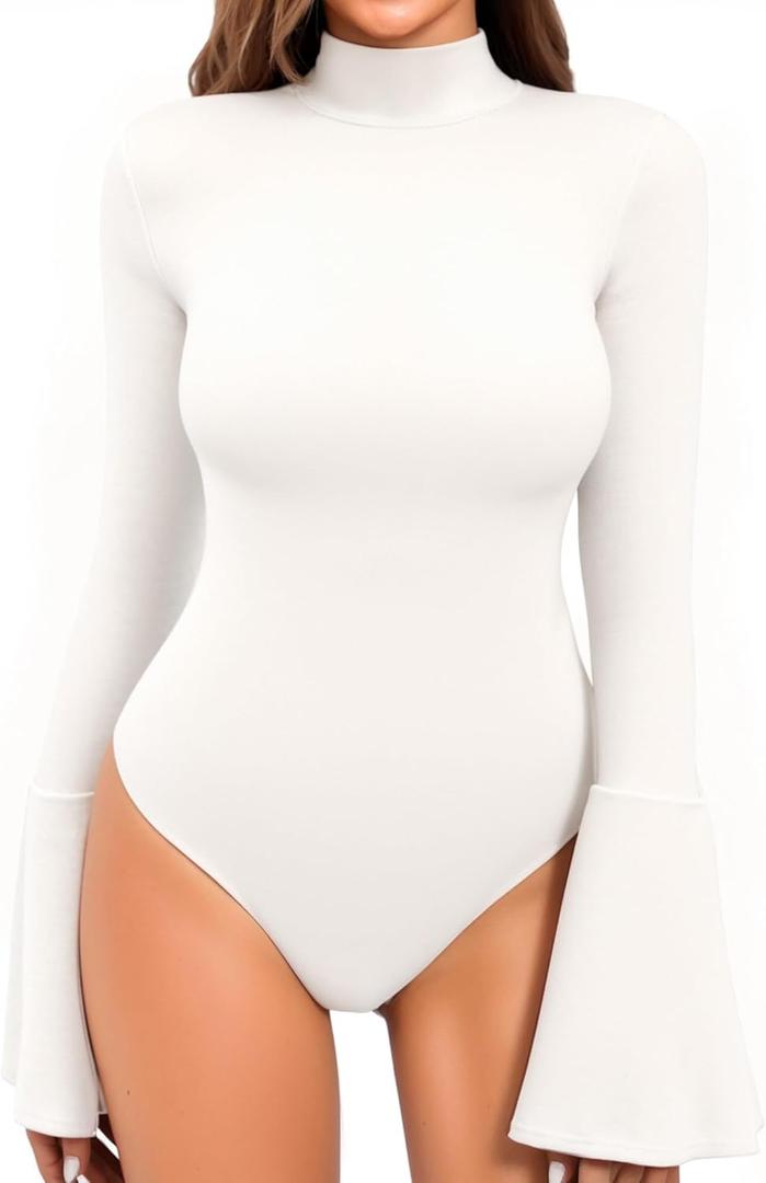 MANGOPOP Bell Sleeve Mock Neck Long Sleeve Bodysuit for Going Out Tops for Women (Medium)