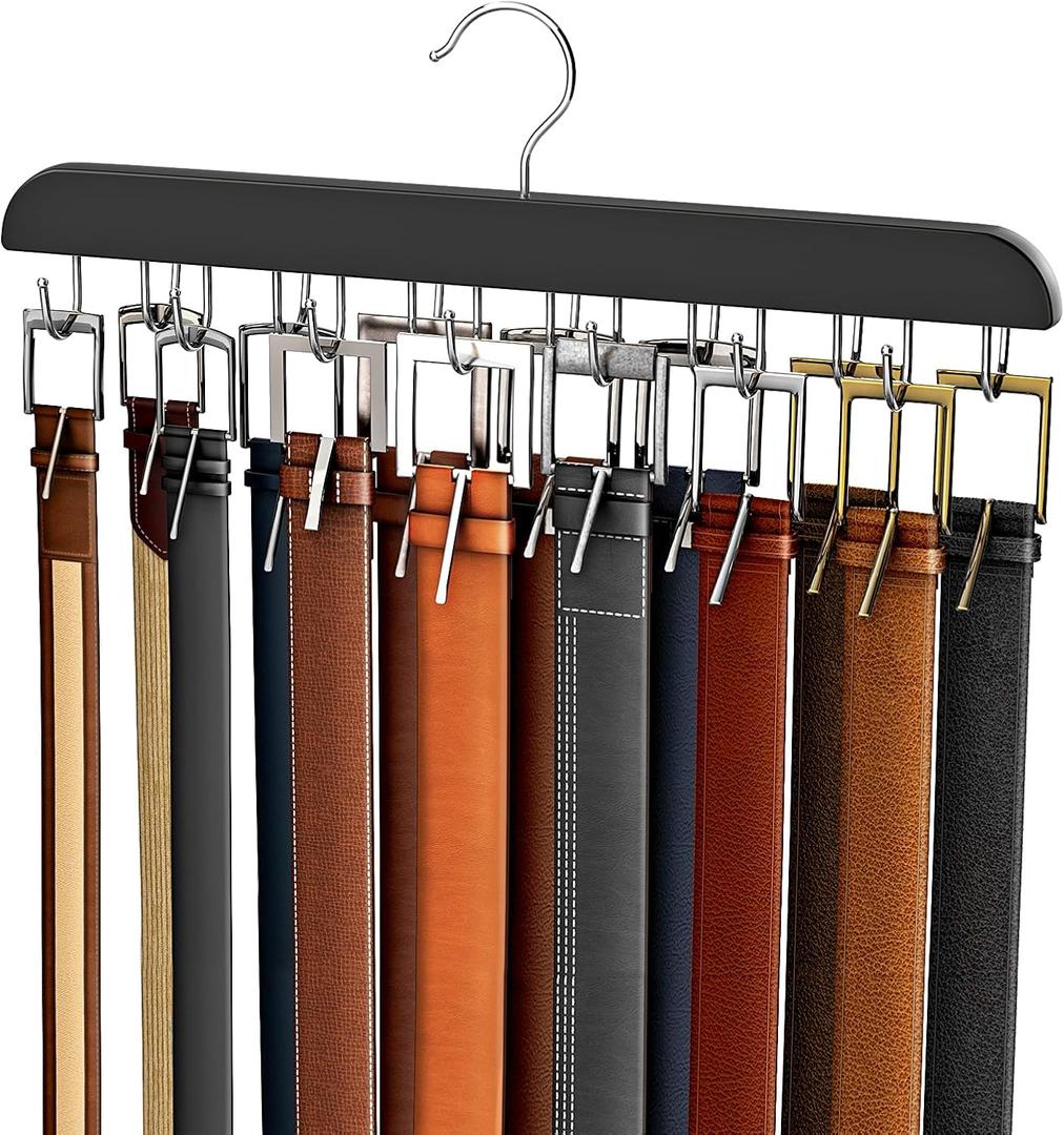 Belt Hanger for Closet Max 42 Belts, Sturdy Wood Belt Rack Closet Accessories with 14 Hooks Belt Organizer for Closet Organizers and Storage -Black 1 Pack