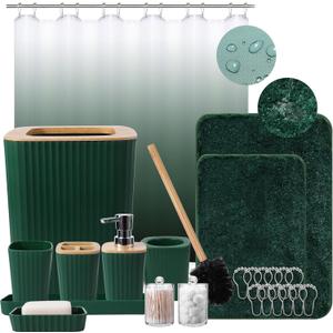 XLHOMO Dark Green Bathroom Accessories Set with Ombre Shower Curtain and Bathroom Rugs,Bathroom Sets with Trash Can,Toothbrush Holder and Cup,Soap Dispenser,Tray,Soap Dish,Toilet Brush,Qtip Holders