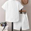 RoseSeek Boy's 2 Piece Beach Vacation Textured Linen Outfit Short Sleeve Button Down Shirt Top and Shorts Summer Set (White, 10Y)