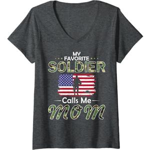 Womens My Favorite Soldier Calls Me Mom-Proud Army Mom Tshirt V-Neck T-Shirt (Small, Dark Heather Grey)