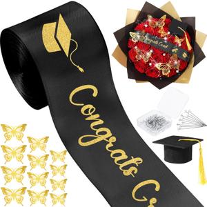 Zeyune 114 Pcs 2026 DIY Graduation Bouquet Set Black Ribbon with Glitter Gold Congrats Grad Mini Graduation Caps with Tassel Gold Butterfly Decor Diamond Pins for Graduate DIY Flower Gift