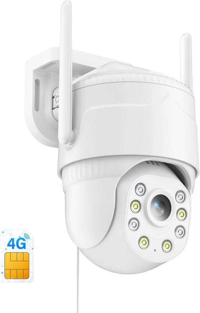 KKB 4G LTE Cellular Security Camera, Wired Cellular Cam Built-in SIM Card for Outdoor/Indoor, Unlimited Data Plan, No WiFi Security Cameras 2K Color Night Vision, 24/7 Recording, PIR Motion Detection (White)