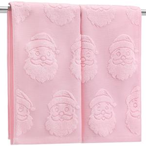 Breling 2 Pcs Christmas Hand Towels Pink Santa Claus Bathroom Decorative Towels 100% Cotton Absorbent Jacquard Weave Bath Decor Winter Holiday Bathroom Decor Xmas Gifts 13.7''x29.5''
