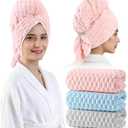 REDKISS 3 Pack Microfiber Hair Towels - Extra Large Hair Towel Wrap for Women, 24x42 inch Hair Towels with Elastic Strap, Super Soft Hair Drying Towels for Long, Thick, Curly Anti Frizz Turbans (Pink+Grey+Blue)