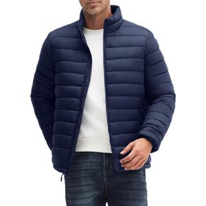 Men's Puffer Jacket Lightweight Warm Winter Jackets for Men Windproof Insulated Puffy Coat with 3 Pockets (Blue, L)