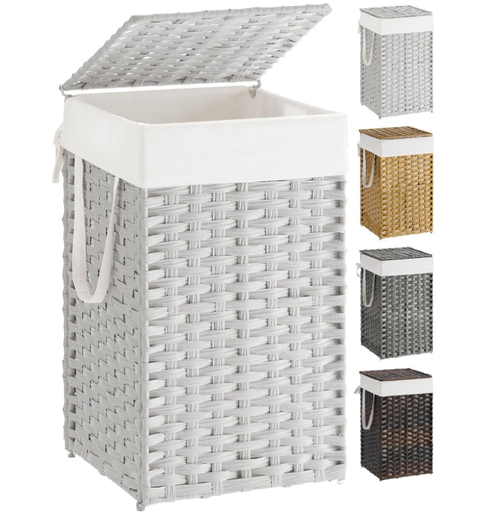 SONGMICS Laundry Hamper with Lid, 17.2 Gallon (65 L) Synthetic Rattan Clothes Laundry Basket with Lid and Handles, Foldable, Removable Liner, Cloud White ULCB165W01