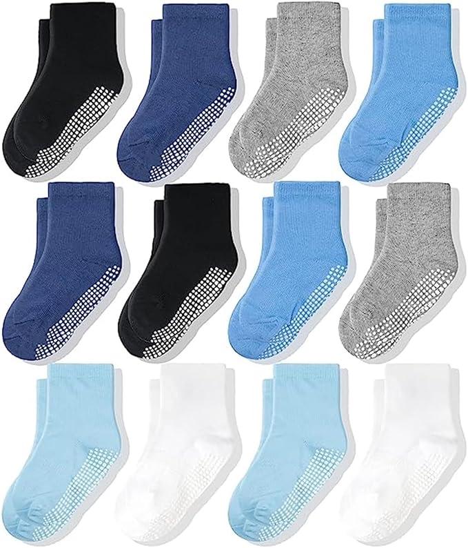 CozyWay Kids Socks With Grippers Non Slip Crew Grip Socks for Girls and Boys Soft Comfy Cotton Unisex - 12 Pack, 3-5T