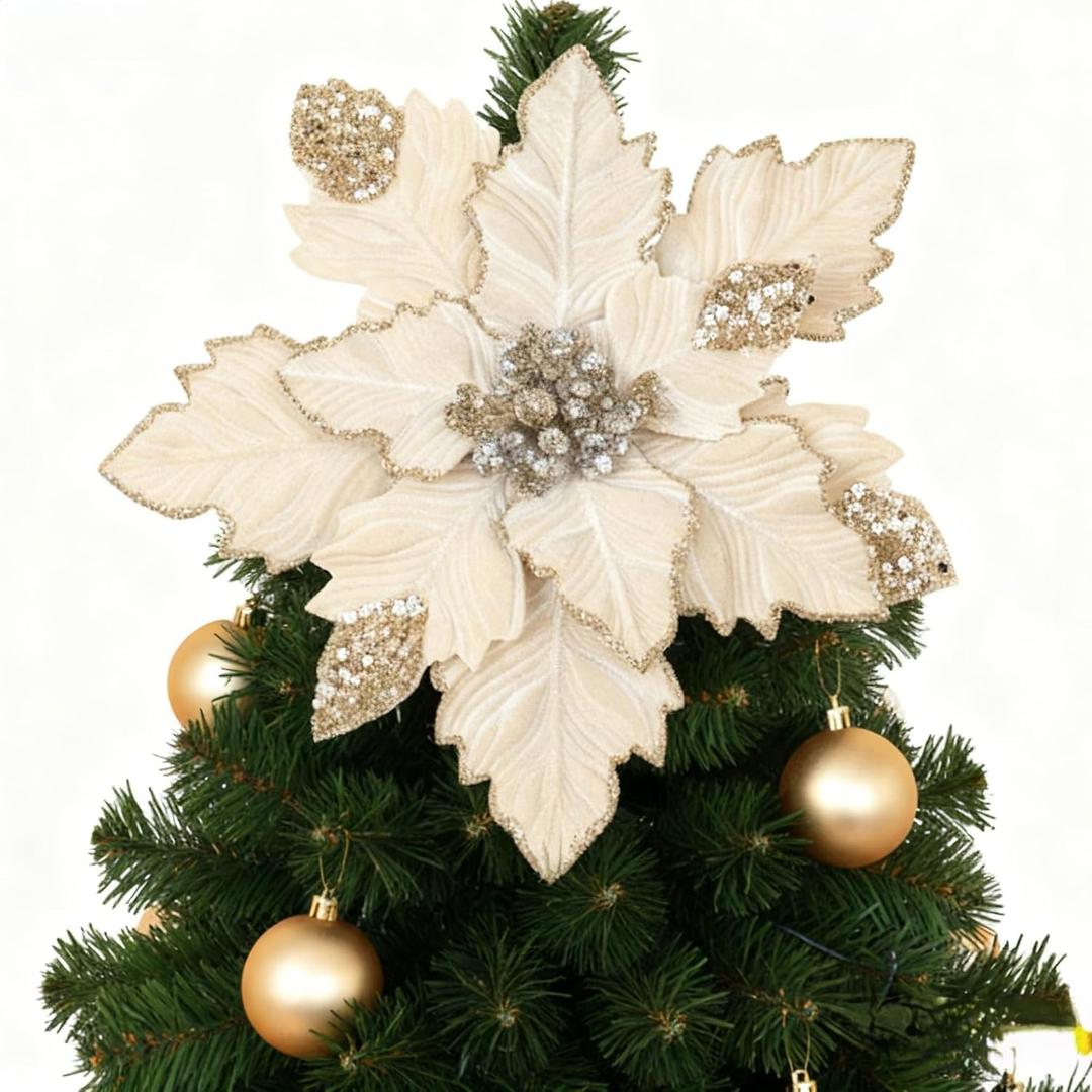 Soulchen 2 Pcs 18 Inch Champagne Gold Jumbo Giant Christmas Poinsettia Tree Topper Extra Large Xmas Tree Ornament Gold Christmas Decoration Glitter Poinsettia Flower for Wreath Garland Holiday Decor