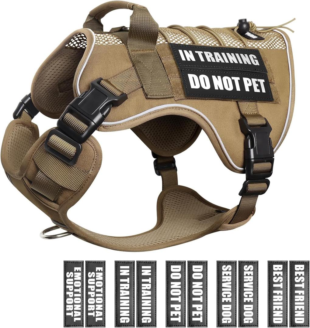 WINSEE Service Dog in Training Mesh Harness with 10 Pet Patches, Soft Air Mesh Breathable Tactical Dog Molle Vest, Reflective Military Pet Vest for Walking Hiking for Medium Dogs (Brown)