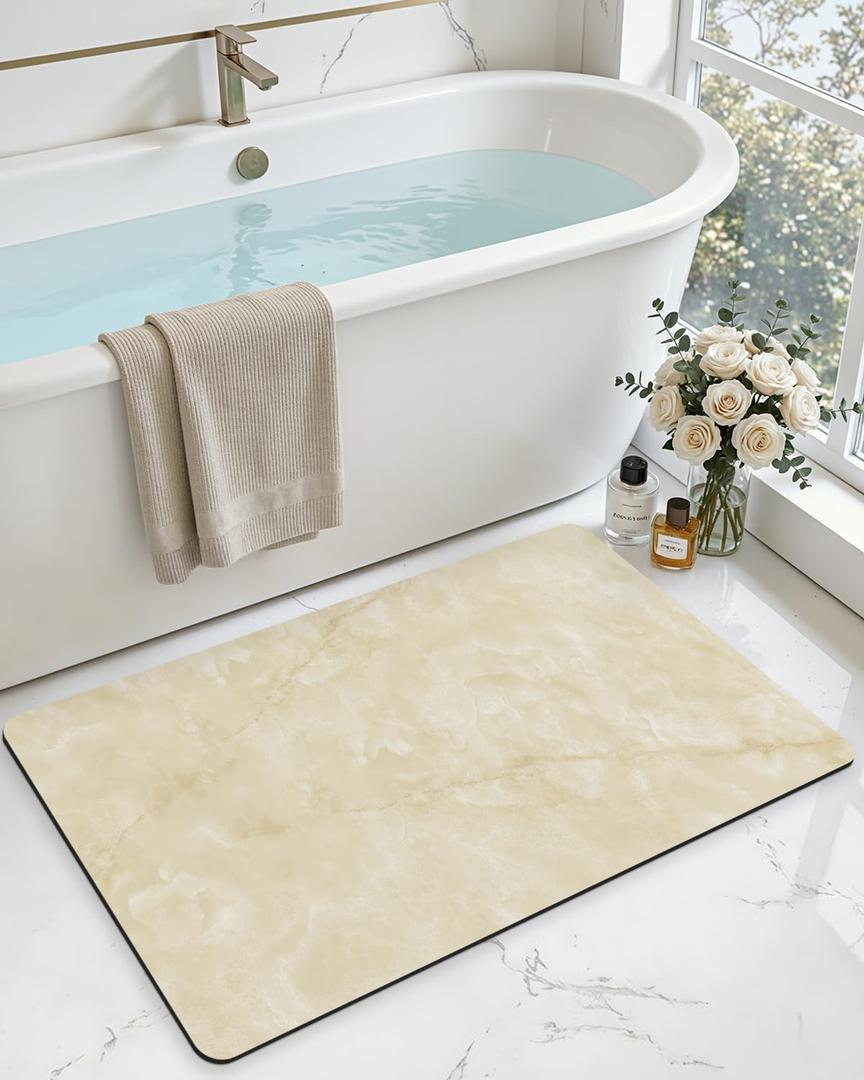 DEXI Bathroom Mat Ultra Thin, 36x24 Non Slip Bath Rug for Shower Floor, Absorbent Quick Dry Marble Bathmats Low Profile, Beige