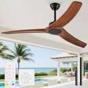 60 Inch Outdoor Ceiling Fan Without Light,Solid Wood 3 Blade Ceiling Fan No Light with Wall Control Switch/Remote,Noiseless DC Motor,Walnut Propeller for Patios,Farmhouse,Living Room,Bedroom