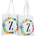 Set of 2 Reusable Monogram Letter "Z" Personalized Tote Bags for Women, Floral Design (29 Inches)