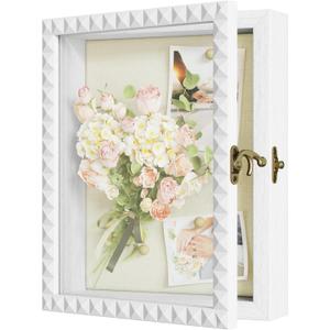 SZQINJI Shadow Box Frame 8x10 Shadow Box Small Deep White Shadow Boxes Display Cases with Front Opening Vintage Lock Diamond Shape Door for Pet Memorial Keepsakes Wedding Flower Baby Graduation White