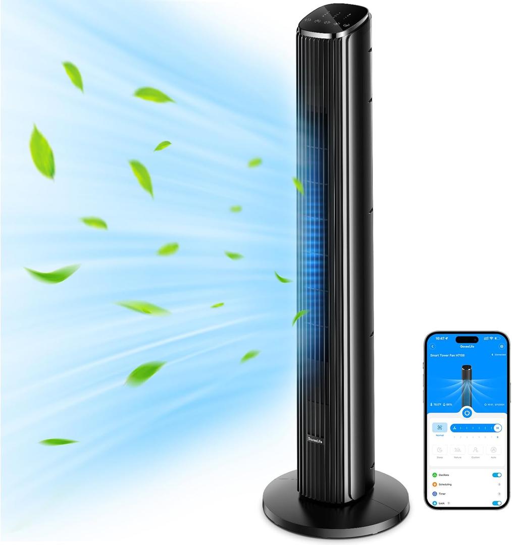 GoveeLife 36 Inch Tower Fan for Bedroom, Smart Oscillating Floor Fans with Temperature Sensor, App & Voice Remote, 5 Modes 8 Speeds up to 25ft/s, 24H Timer, 29dB Quiet Fan for Cooling Home Office