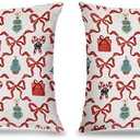 Red and Green Christmas Pillow Covers 18x18 Set of 2, Christmas Home Decor, Coquette Red Bow Xmas Candy Cane Holly Barry Gift Box Holiday Decorative Pillow Covers for Home Bedroom Living Room