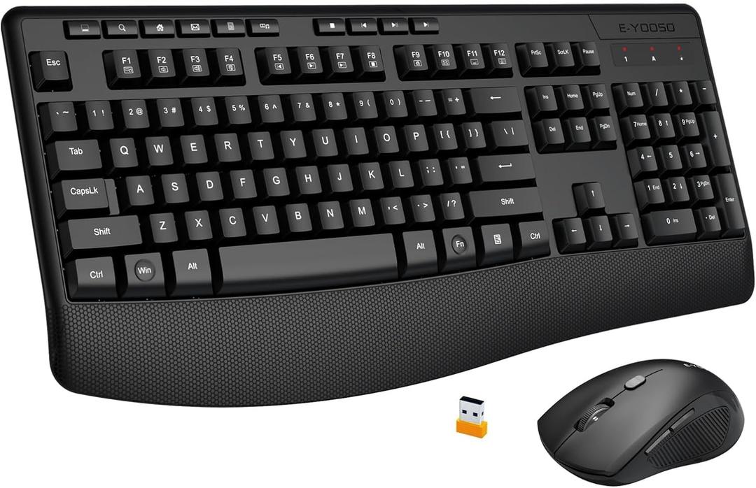 Wireless Keyboard and Mouse Combo, Silent Soft Touch Quiet Keyboard Less Noise 90%, Ergonomic with Wrist Rest,2.4GHz 104 Keys Full Size,2400 DPI Mouse,for Office/Work/Home/PC Computer/Laptop/Mac, Black