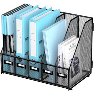 SUPEASY Desk Organizers Metal Desk Magazine File Holder with 16''x12''x12'' 5 Vertical Compartments Rack File Organizer for Office Desktop, Classroom, Home Workspace, Black Plus