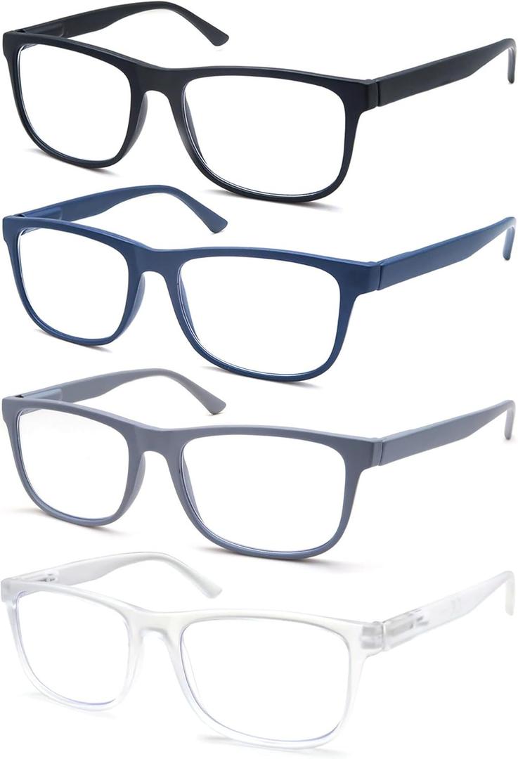 Large Reading Glasses Mens Oversized Wide Readers +1.50 Lightweight Square Magnifying Cheaters Glasses for Men W/Big Head 4 Pack (Matte-black/Gray/Blue/Frosted Clear Frames)