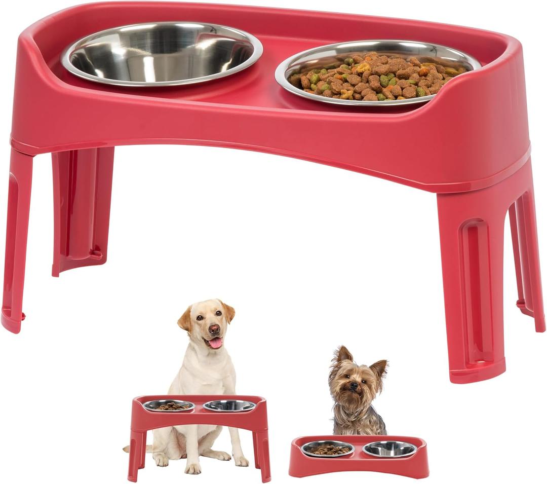 IRIS USA Elevated Dog Bowls Adjustable Stand, Raised Feeding Station with 2 Stainless Steel 64 oz Bowls, Spill Guard, Dual Height 12.25" or 4.63", Made in USA, Red